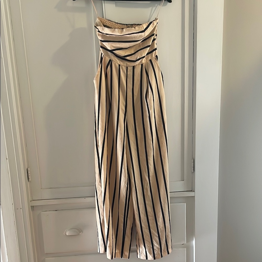 Cream and Black Jumpsuit with Vertical Stripes and Relaxed Fit
